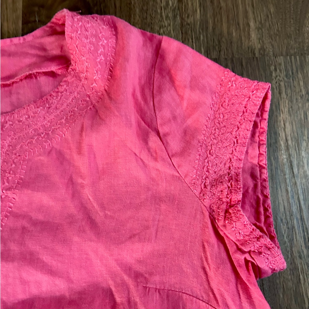 SAINT TROPEZ 100% Linen Embroidered Notch Neck Short Sleeve Top Casual Pink Sz M - Picture 6 of 16